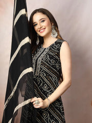 Women's Black Bandhani Printed & Embroidered Rayon A-Line Kurta Dupatta Set-KDBLACKBANGO
