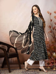 Women's Black Bandhani Printed & Embroidered Rayon A-Line Kurta Dupatta Set-KDBLACKBANGO