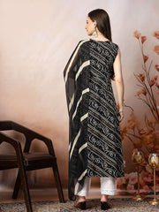 Women's Black Bandhani Printed & Embroidered Rayon A-Line Kurta Dupatta Set-KDBLACKBANGO