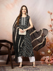 Women's Black Bandhani Printed & Embroidered Rayon A-Line Kurta Dupatta Set-KDBLACKBANGO