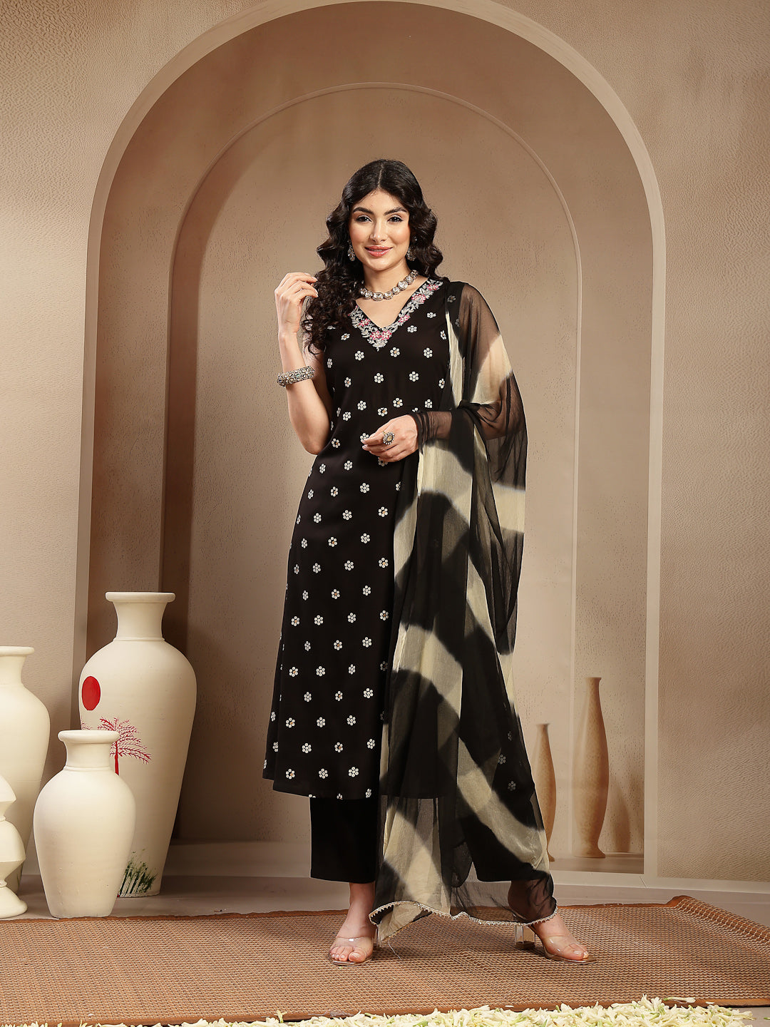 Women's Black Floral Printed & Embroidered Rayon A-Line Kurta With Dup