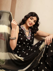 Stylum Women's Black Floral Printed & Embroidered Rayon A-Line Kurta With Dupatta (KDBLACKRASNA)