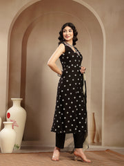 Stylum Women's Black Floral Printed & Embroidered Rayon A-Line Kurta With Dupatta (KDBLACKRASNA)