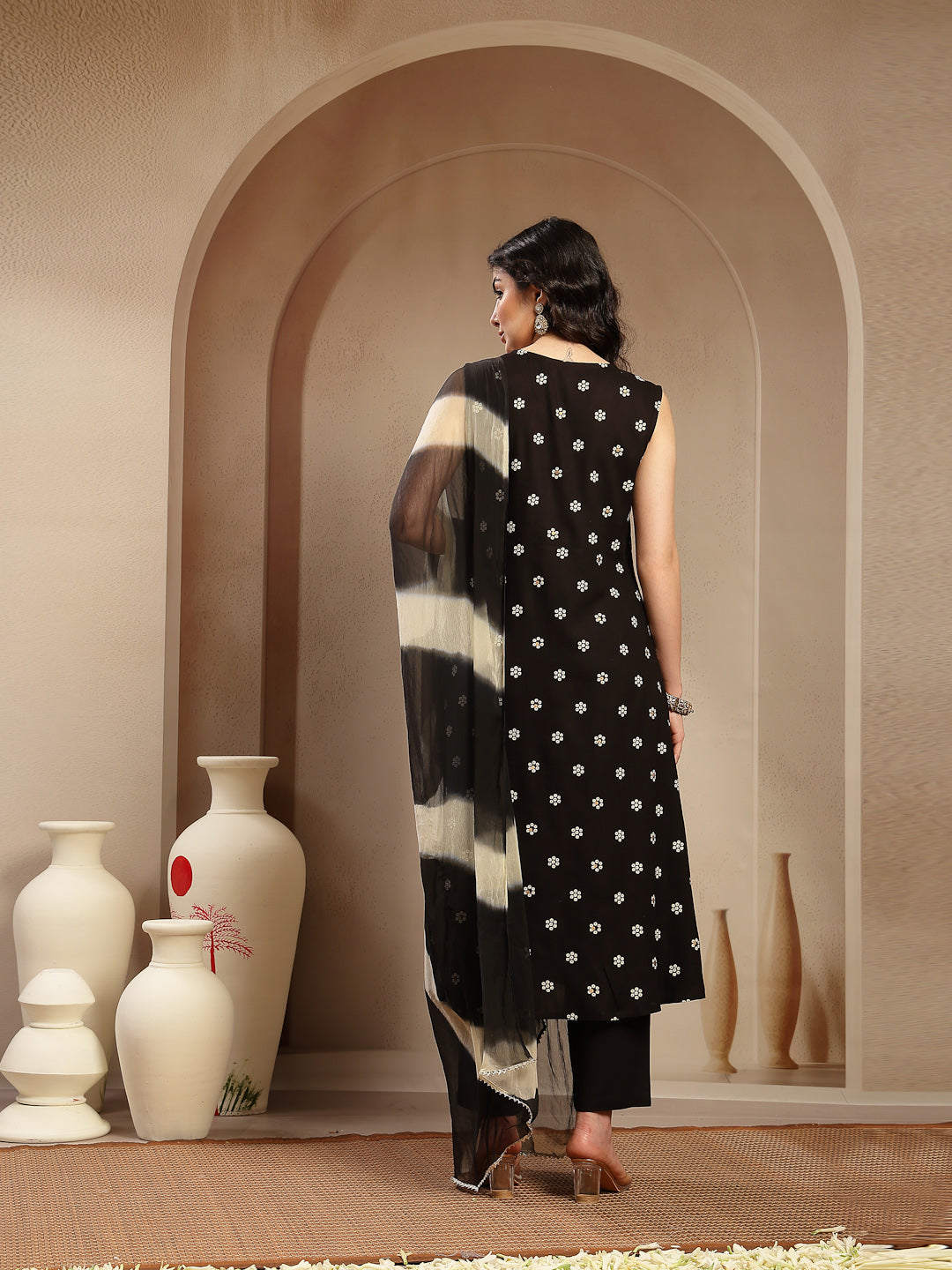 Women's Black Floral Printed & Embroidered Rayon A-Line Kurta With Dup