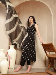 Stylum Women's Black Floral Printed & Embroidered Rayon A-Line Kurta With Dupatta (KDBLACKRASNA)