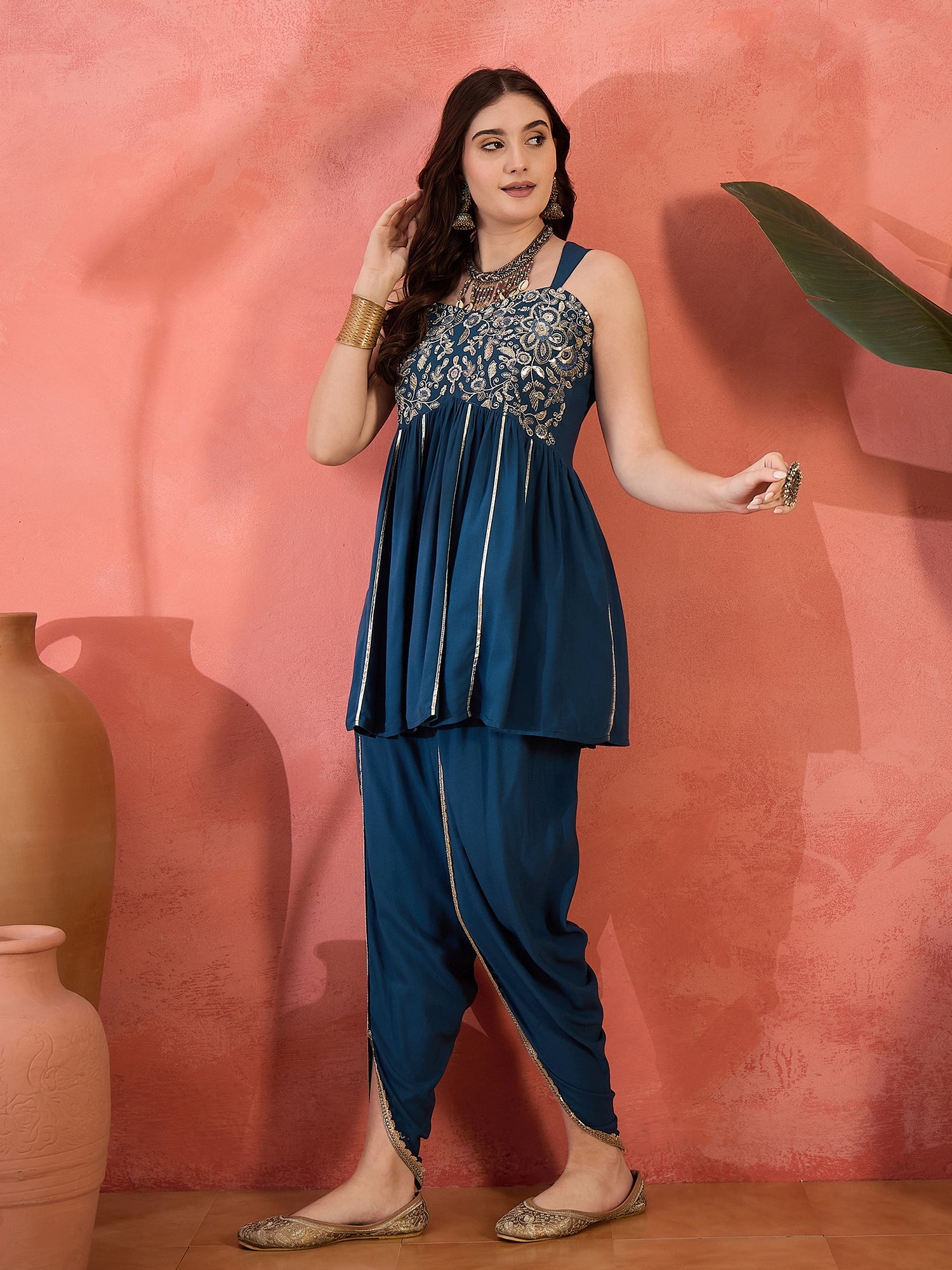Women's Blue Solid & Embroidered Rayon A-Line Kurti with Dhoti Pant (K