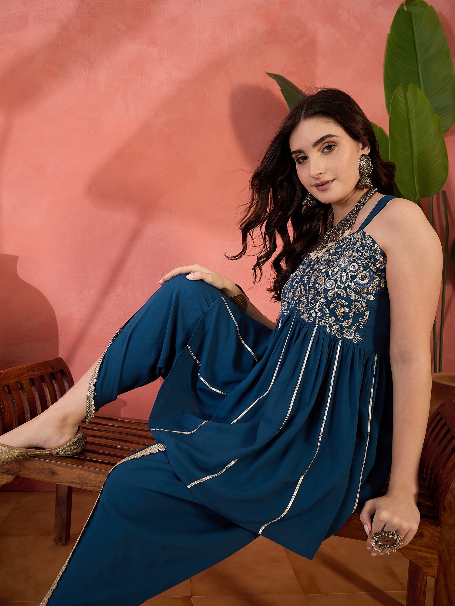 Women's Blue Solid & Embroidered Rayon A-Line Kurti with Dhoti Pant (K