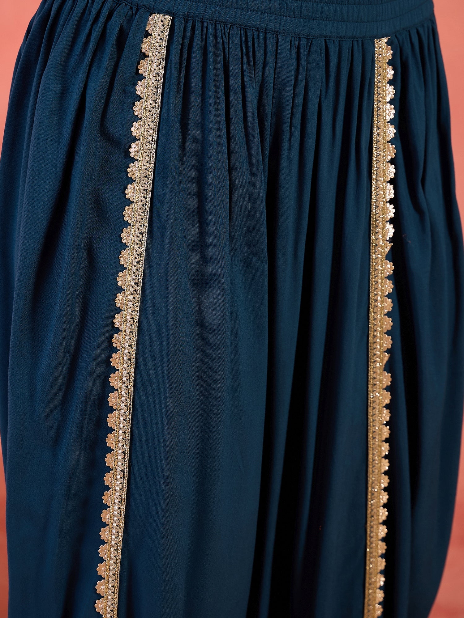 Women's Blue Solid & Embroidered Rayon A-Line Kurti with Dhoti Pant (K