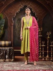 Stylum Women's Green Bandhej Printed & Embroidered Rayon A-Line Kurta With Dupatta (KDGREENTANGLE)