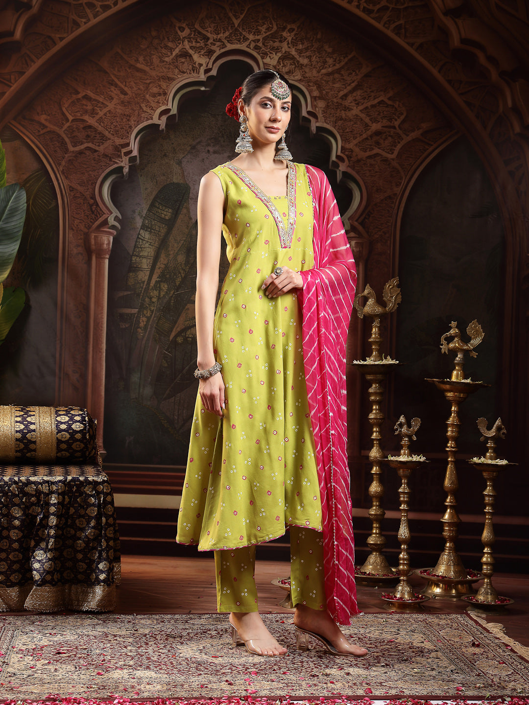Women's Green Bandhej Printed & Embroidered Rayon A-Line Kurta With Du