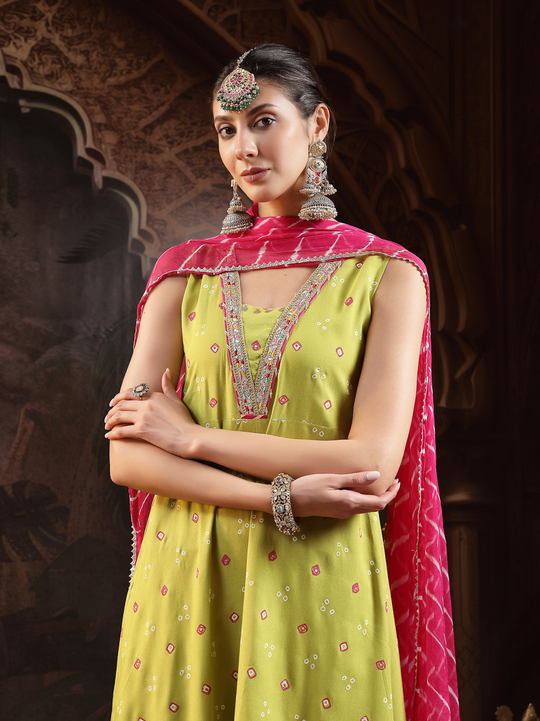 Women's Green Bandhej Printed & Embroidered Rayon A-Line Kurta With Du