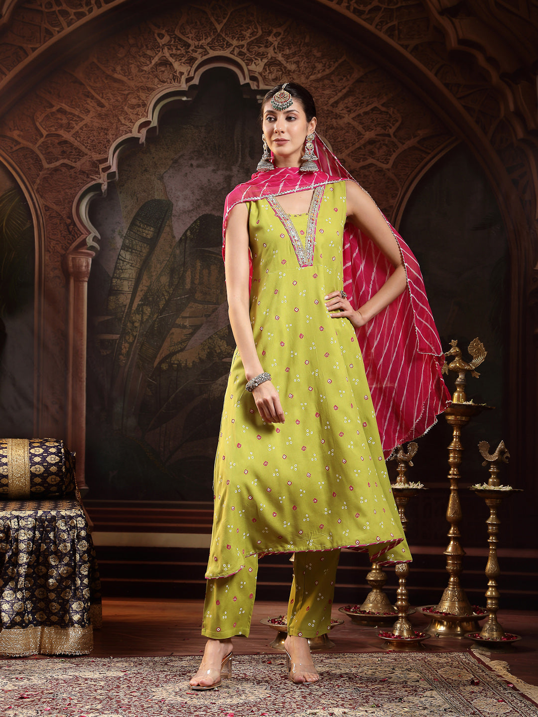 Women's Green Bandhej Printed & Embroidered Rayon A-Line Kurta With Du