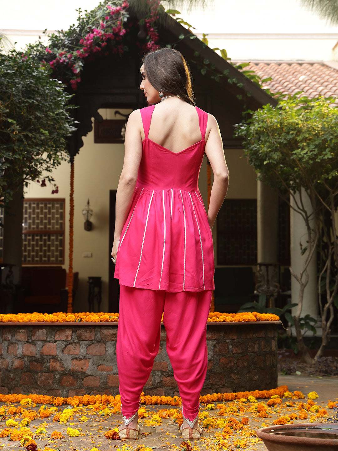 Women's Pink Solid & Embroidered Rayon A-Line Kurti Dhoti Pant Set (KD