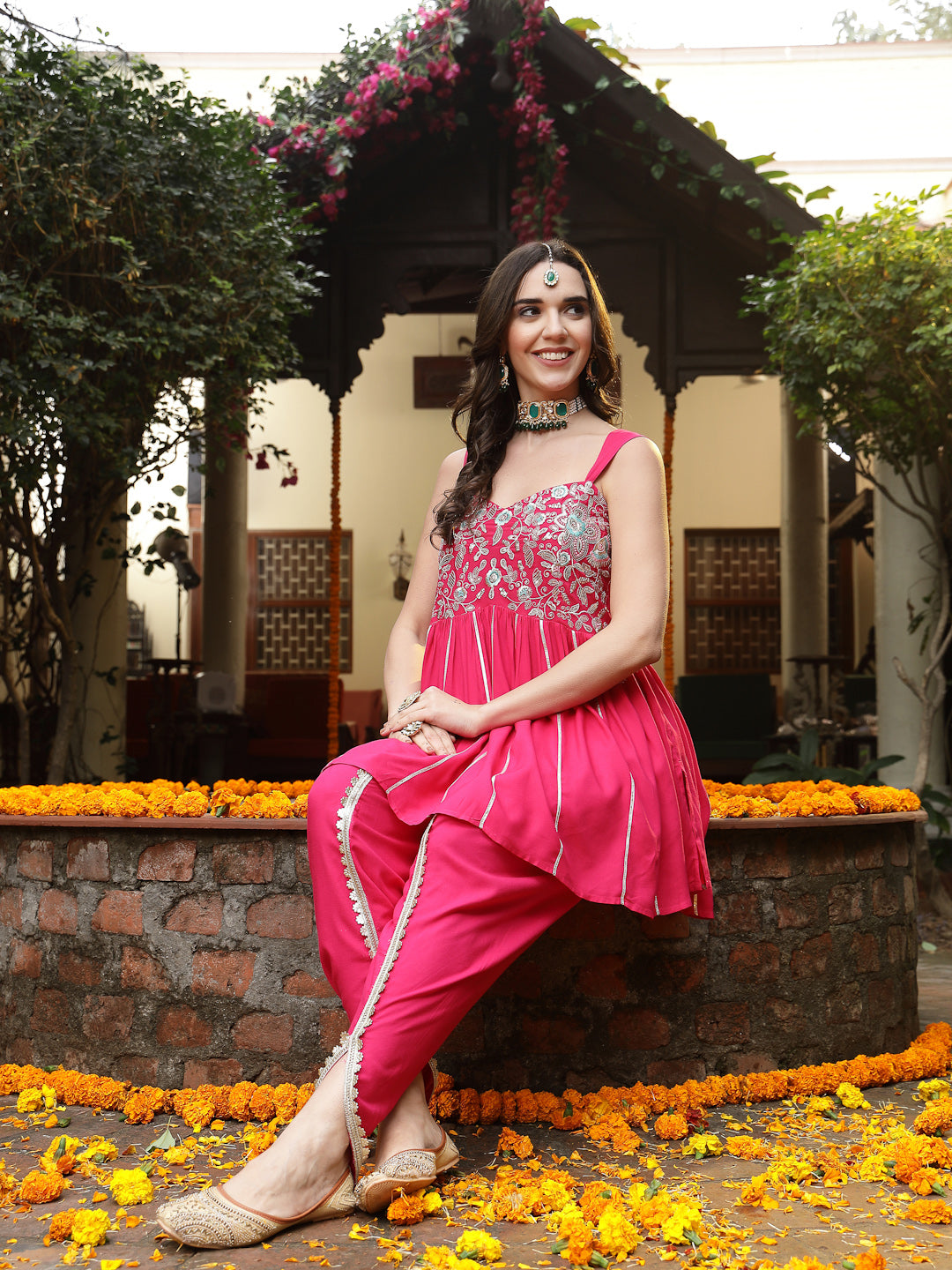 Women's Pink Solid & Embroidered Rayon A-Line Kurti Dhoti Pant Set (KD