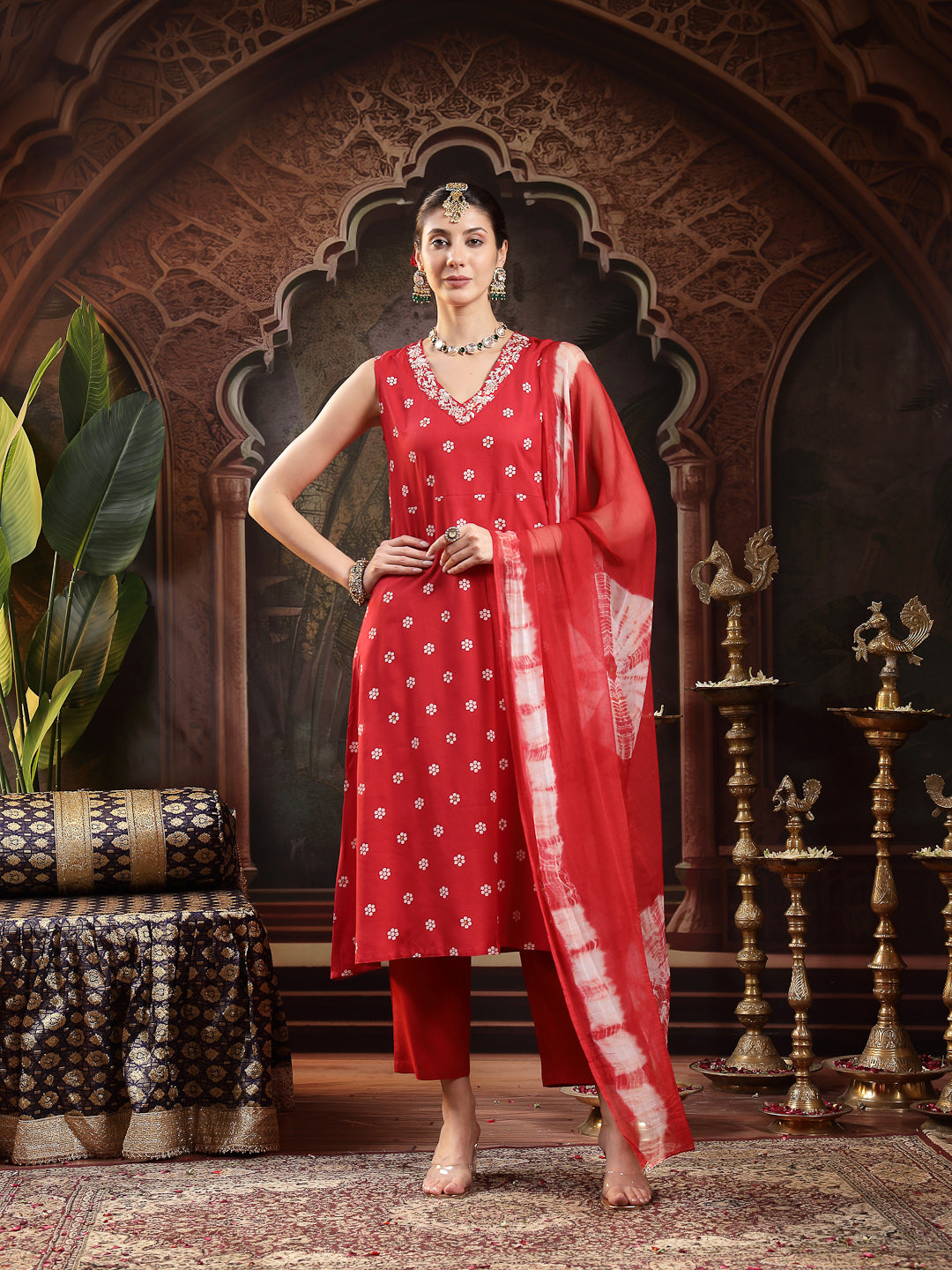 Women's Red Floral Printed & Embroidered Rayon A-Line Kurta With Dupat