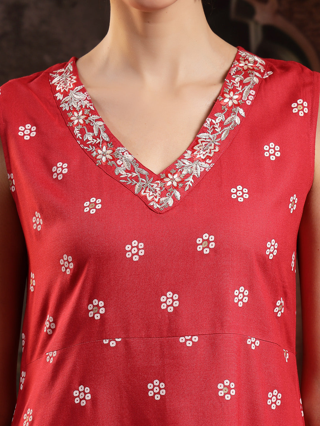 Women's Red Floral Printed & Embroidered Rayon A-Line Kurta With Dupat