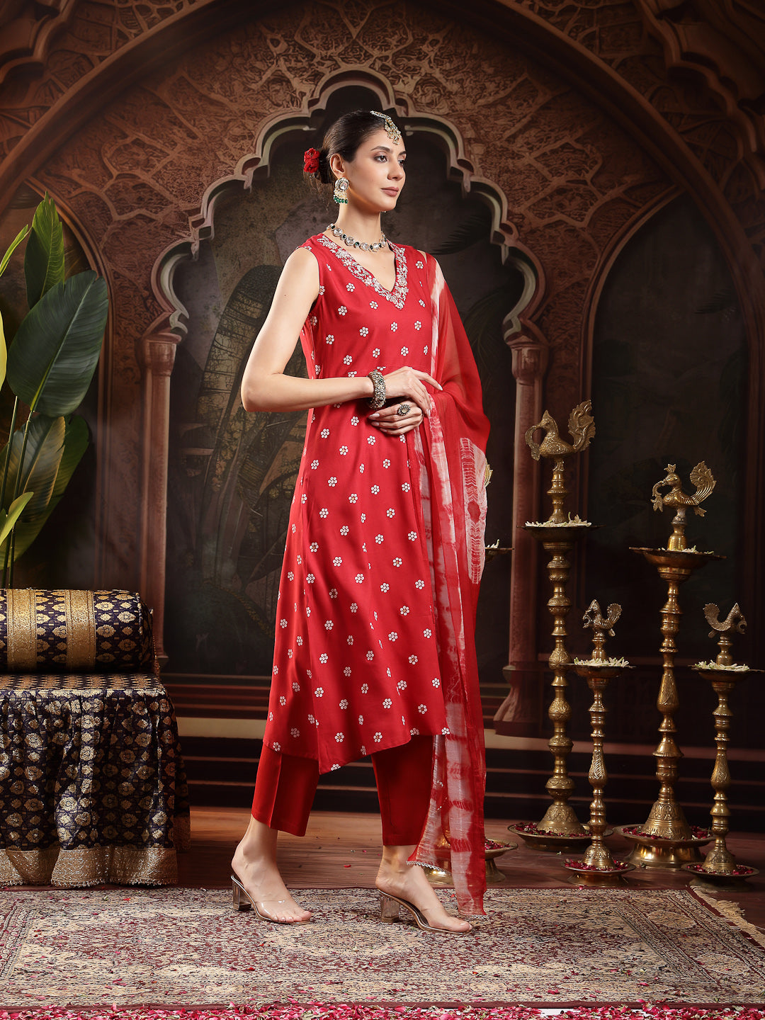 Women's Red Floral Printed & Embroidered Rayon A-Line Kurta With Dupat