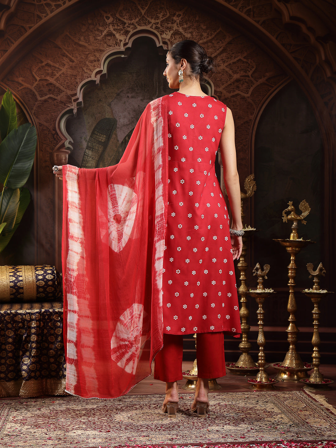 Women's Red Floral Printed & Embroidered Rayon A-Line Kurta With Dupat