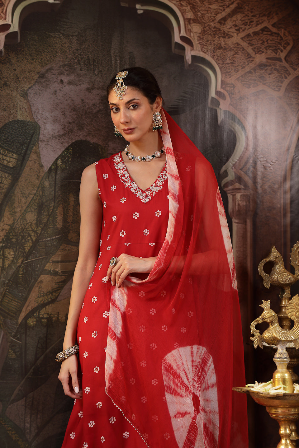 Women's Red Floral Printed & Embroidered Rayon A-Line Kurta With Dupat