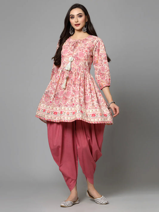 Women's Floral Printed Cotton Kurti with Dhoti Pant-KDSMITH 1080