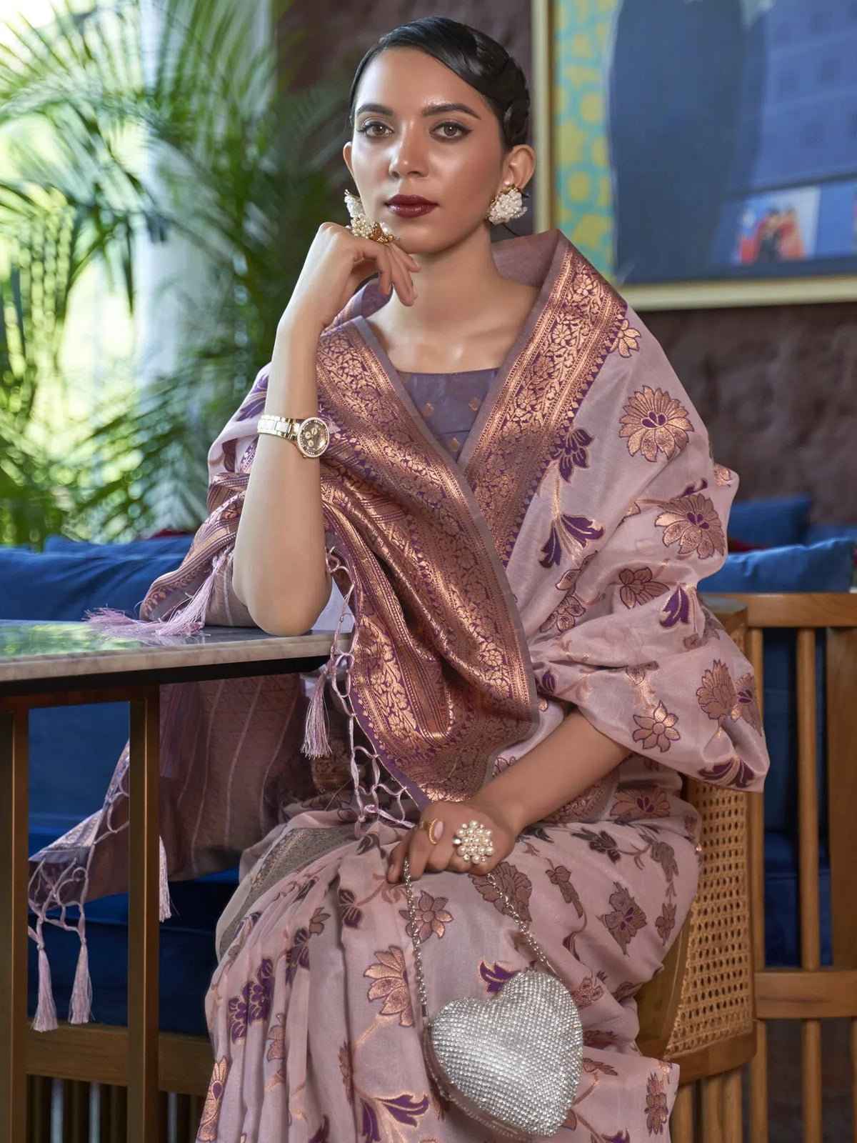Women's Organza Mauve Woven Design Designer Saree With Blouse Piece-KDVIKA283004