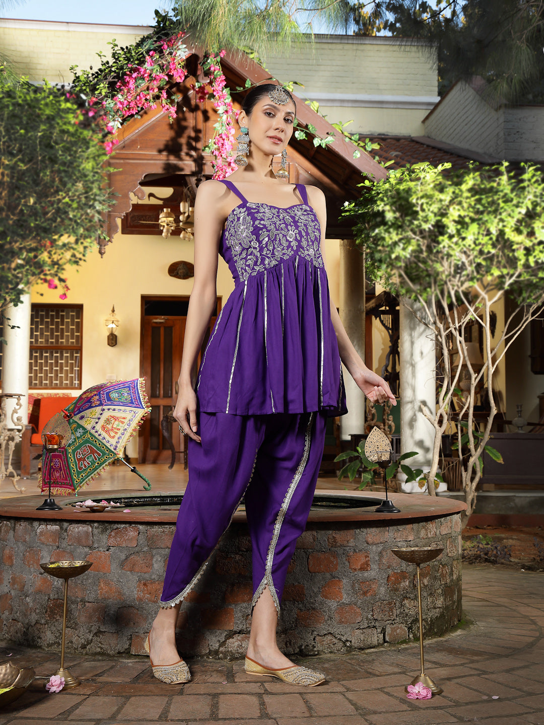 Women's Violet Solid & Embroidered Rayon A-Line Kurti Dhoti Pant Set (