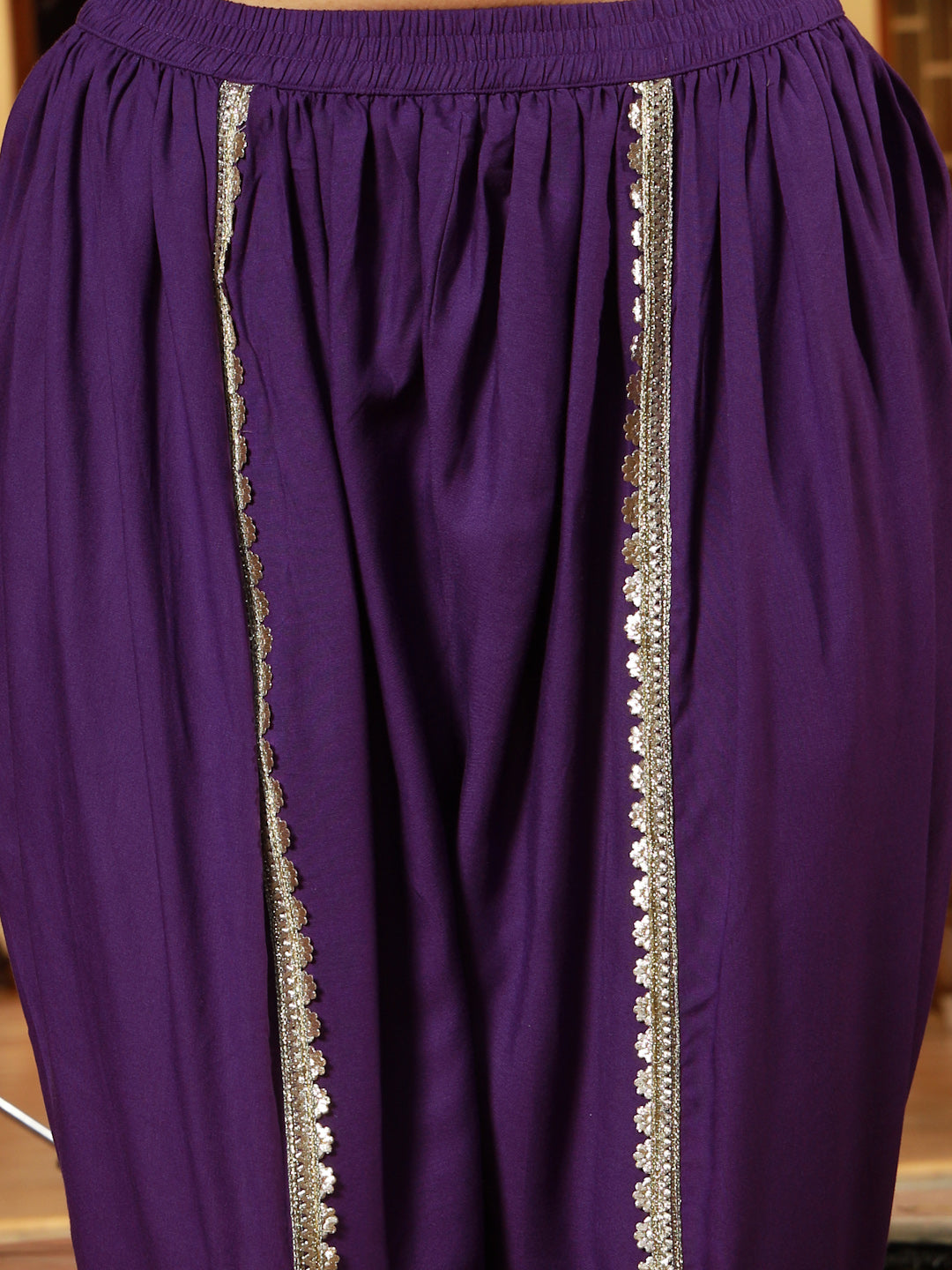 Women's Violet Solid & Embroidered Rayon A-Line Kurti Dhoti Pant Set (