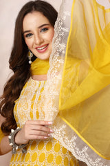 Women's Yellow Printed & Embroidered Rayon A-Line Kurta Dupatta Set-KDYELLOWSURJI