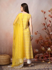 Women's Yellow Printed & Embroidered Rayon A-Line Kurta Dupatta Set-KDYELLOWSURJI