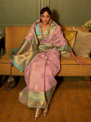 Women's Pure Linen Pink Woven Design Designer Saree With Blouse Piece-KEITH253004