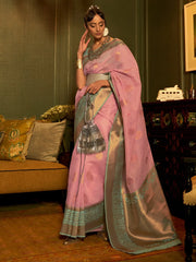 Women's Pure Linen Pink Woven Design Designer Saree With Blouse Piece-KEITH253004