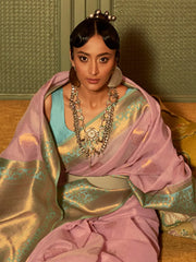 Women's Pure Linen Pink Woven Design Designer Saree With Blouse Piece-KEITH253004