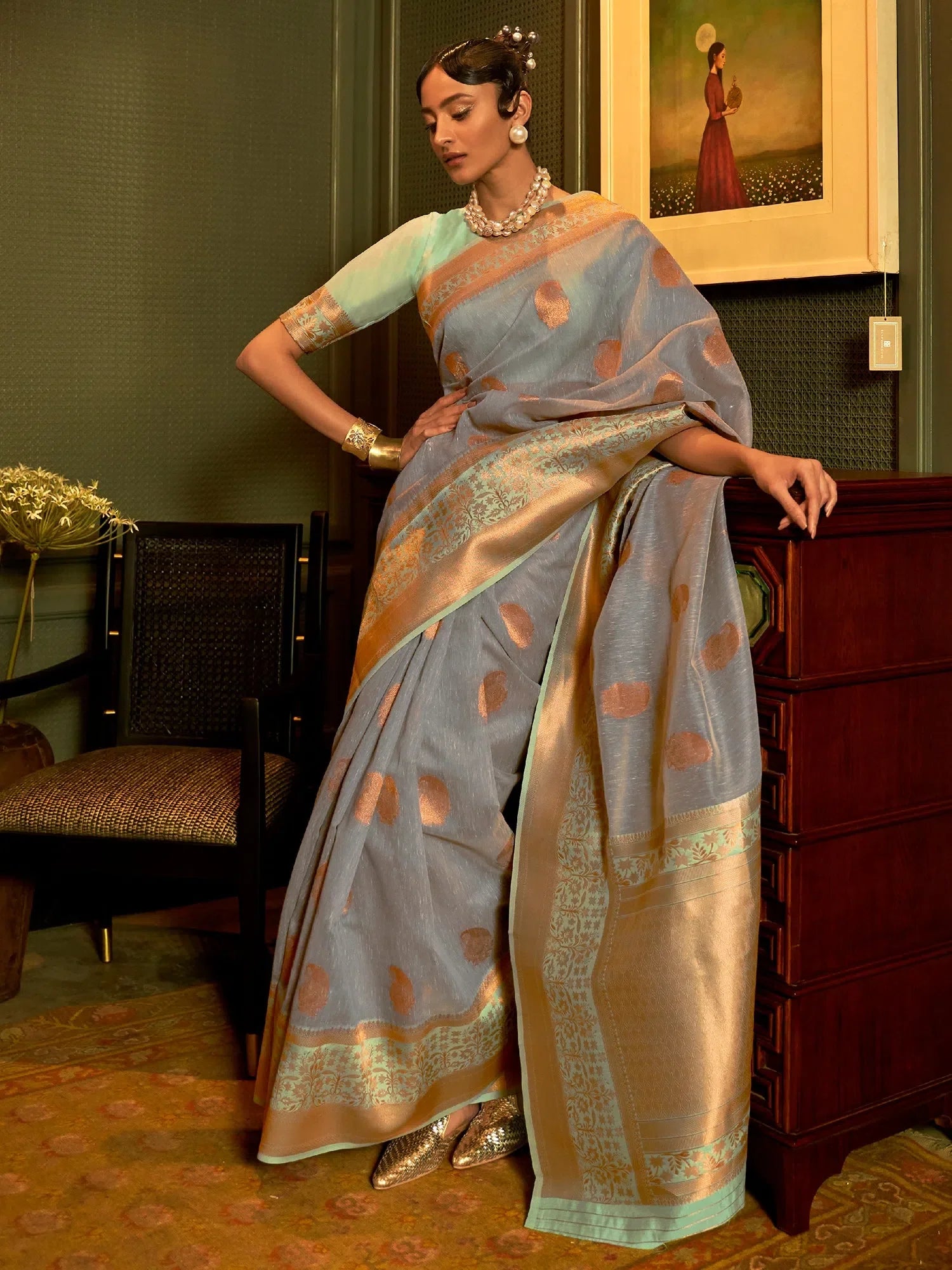 Grey Linen Saree - Designer Indian Sari with Blouse