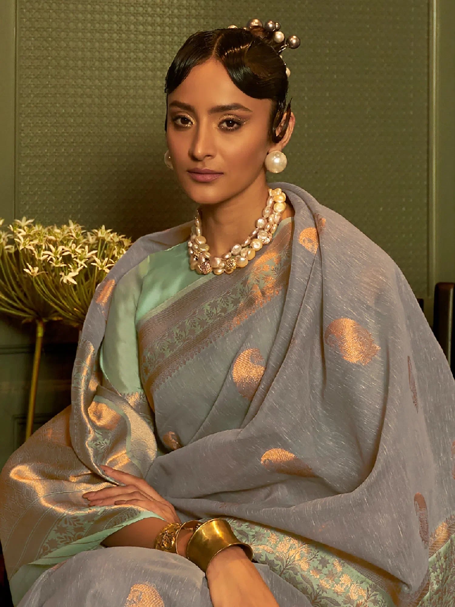 Grey Linen Saree - Designer Indian Sari with Blouse