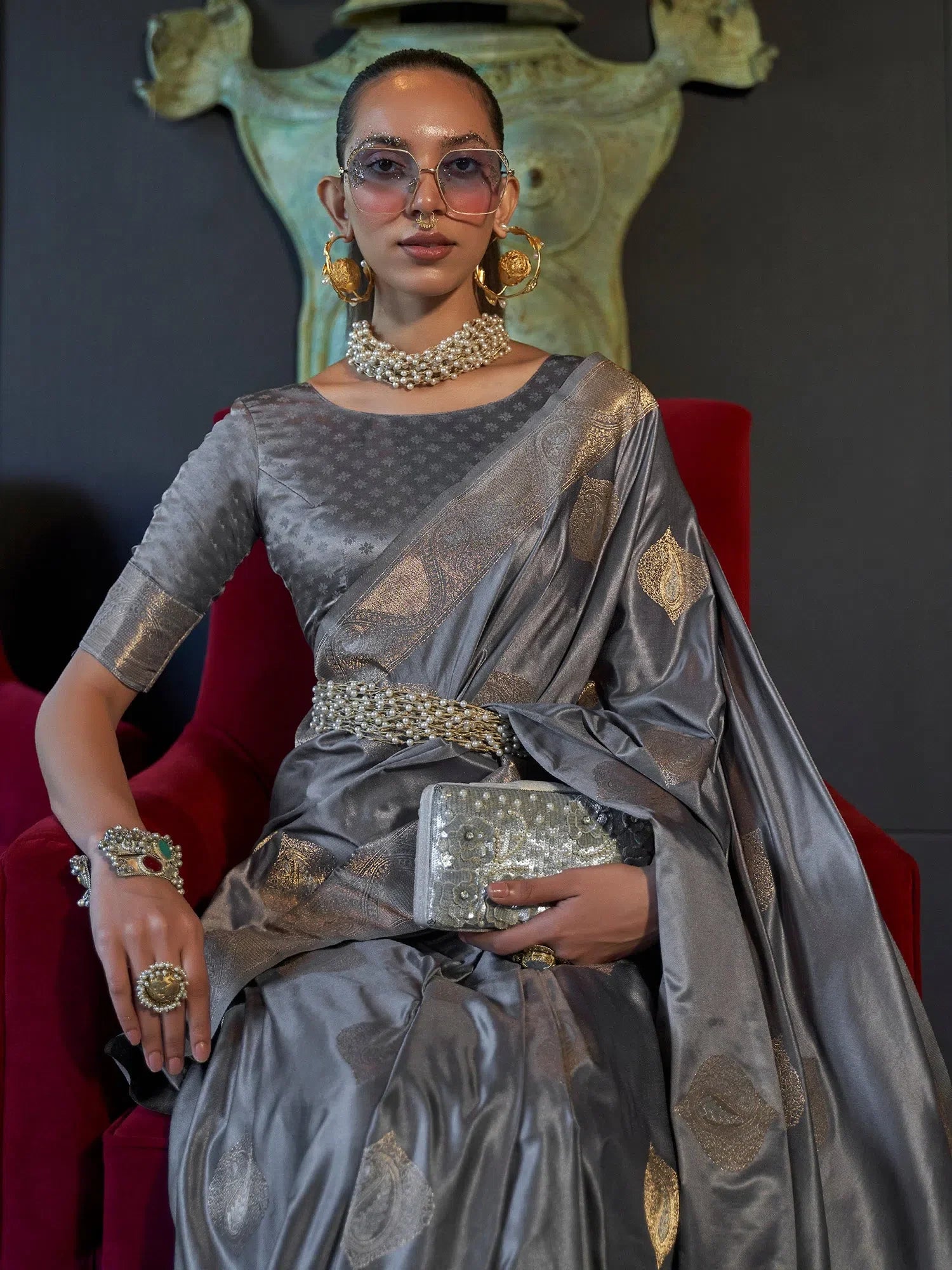 Elegant Grey Woven Polyester Saree with Blouse | Indian Sari