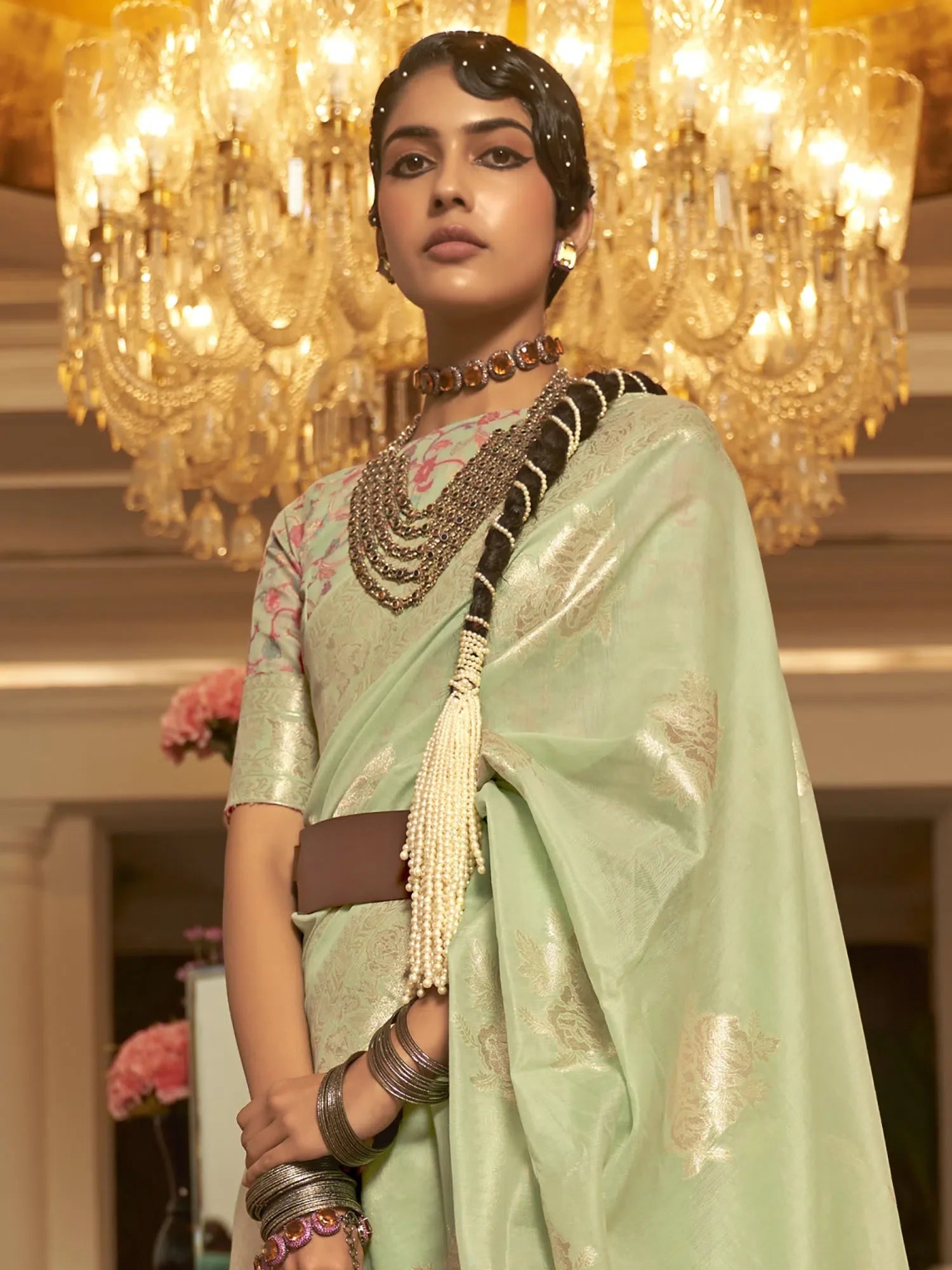 Light Green Designer Indian Sari - Women's Polyester Saree