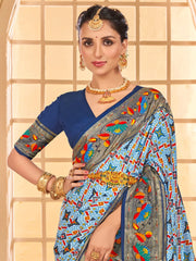 Women's Tussar  Light Blue Printed Designer Saree With Blouse Piece-KESAR1006
