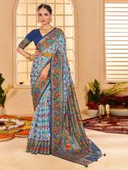 Women's Tussar  Light Blue Printed Designer Saree With Blouse Piece-KESAR1006