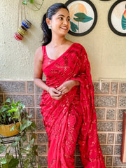 Women's Georgette Red Embellished Designer Saree With Blouse Piece-KESARI2002
