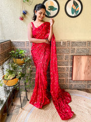 Women's Georgette Red Embellished Designer Saree With Blouse Piece-KESARI2002
