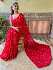 Women's Georgette Red Embellished Designer Saree With Blouse Piece-KESARI2002