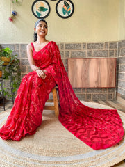 Women's Georgette Red Embellished Designer Saree With Blouse Piece-KESARI2002