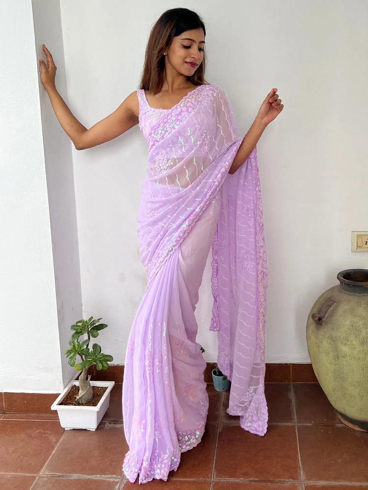 Women's Georgette Lavendar Embellished Celebrity Saree With Blouse Piece-KESARI2401