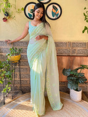 Women's Georgette Light Green Embellished Designer Saree With Blouse Piece-KESARI2803