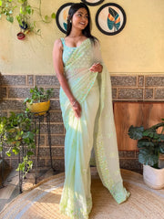 Women's Georgette Light Green Embellished Designer Saree With Blouse Piece-KESARI2803