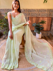 Women's Georgette Light Green Embellished Designer Saree With Blouse Piece-KESARI2803