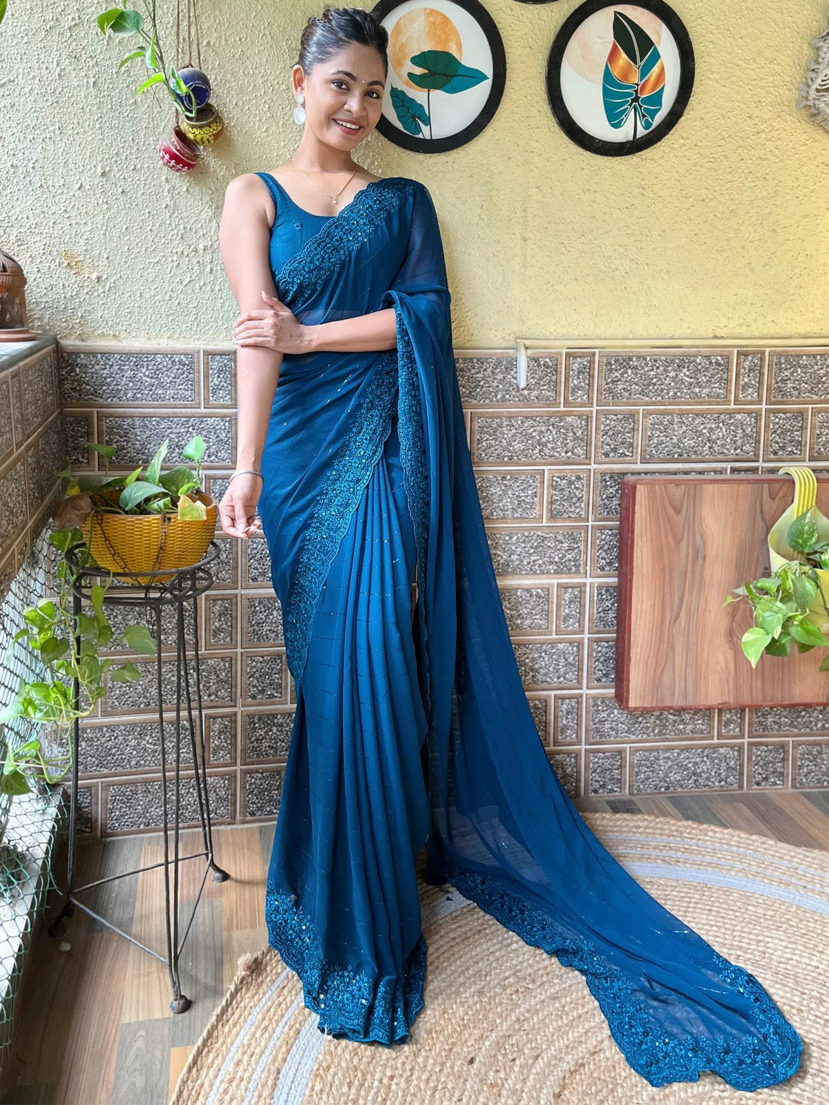 Women's Georgette Teal Blue Embroidered Designer Saree With Blouse Piece-KESARI4103