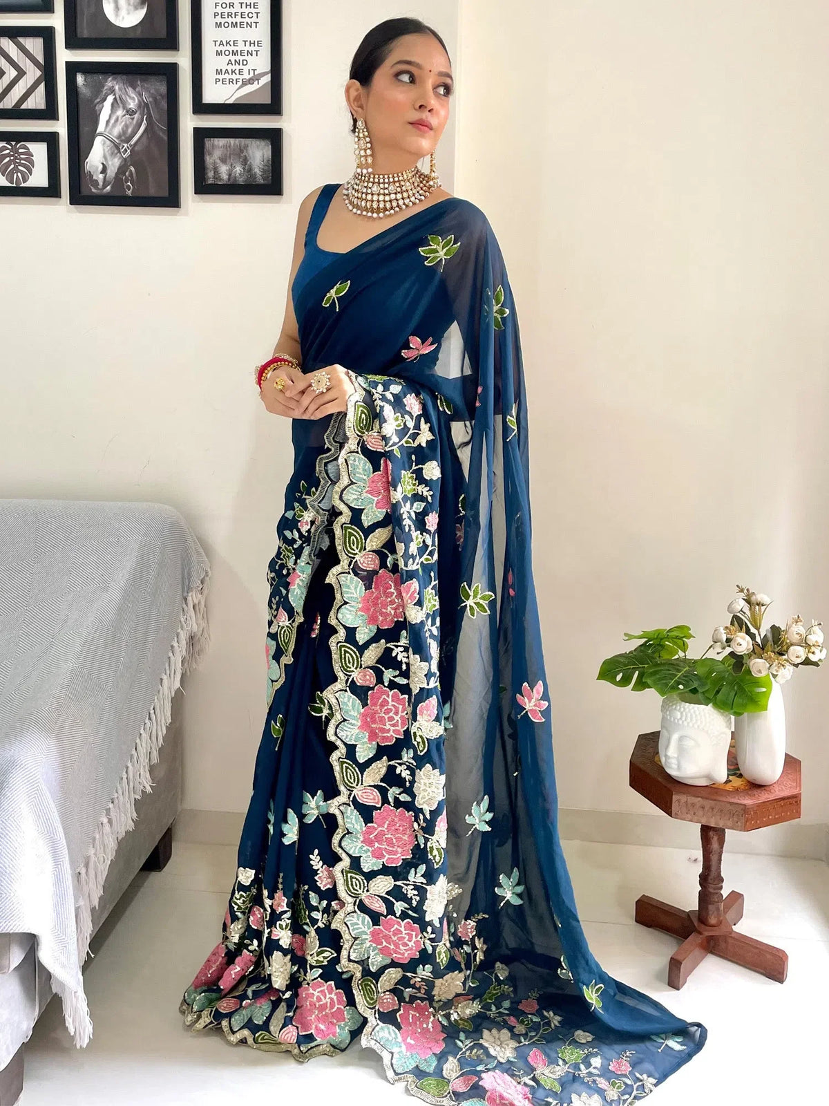 Women's Georgette Teal Blue Embellished Designer Saree With Blouse Piece-KESARI4503