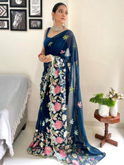 Women's Georgette Teal Blue Embellished Designer Saree With Blouse Piece-KESARI4503