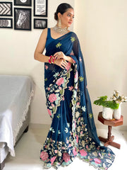 Women's Georgette Teal Blue Embellished Designer Saree With Blouse Piece-KESARI4503
